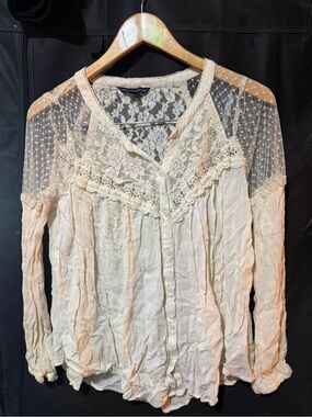 American Eagle Outfitters Cream Lace & Sheer Button-Front Blouse